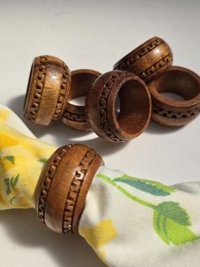 Vintage Hand Carved Wooden Napkin Rings Set of 6 | Mid Century Boho Table Decor
